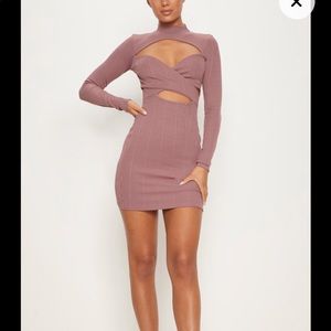 Mauve Bandage High Neck Cut Out Long Sleeve dress